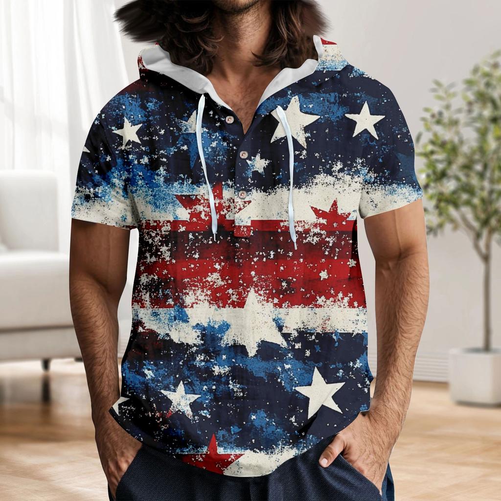 Men'S Casual Short Sleeved Hooded Top Buttoned Open Neck T-Shirt