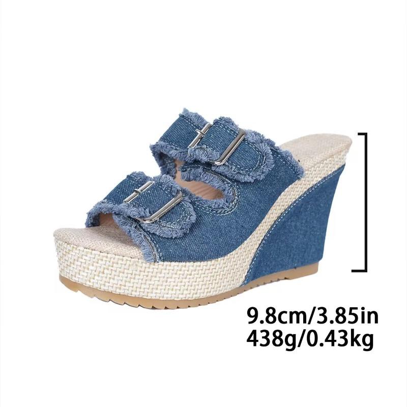 Sandali da Donna con Zeppa Piattaforma Estate Intreccio di Paglia Suola Spessa Ciabatte in Denim Sandalo alla Moda Casual con Cinturino a Doppia Fibbia