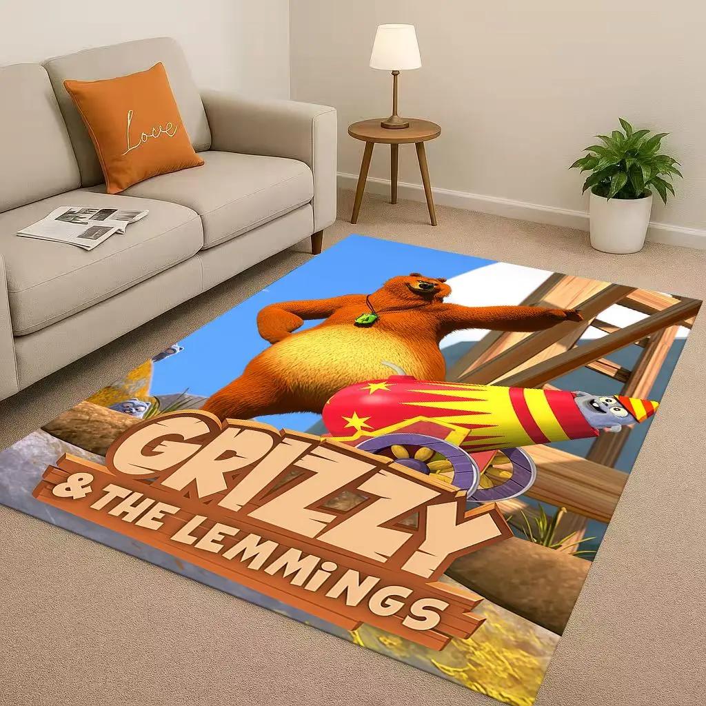 3D Kawaii Grizzy and The Lemmings Cartoon Living Room Non-Slip Area Rug Carpet for Bedroom Playroom Sofa,Home Doormat Gift Kid