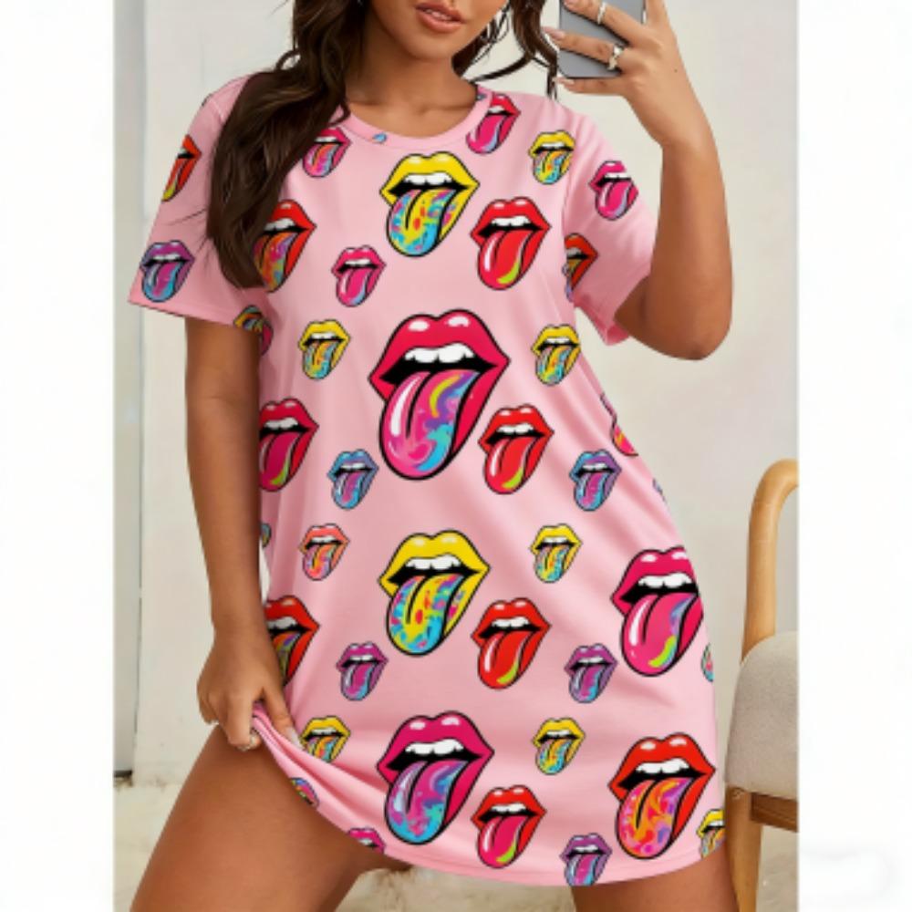Kadınlar İçin Seksi Baskılı Kısa Kollu Pijama Elbiseler Bol Rahat Kesim Tişört Gecelik Ev Kıyafetleri Gecelik Dinlenme Kıyafetleri Elbiseler