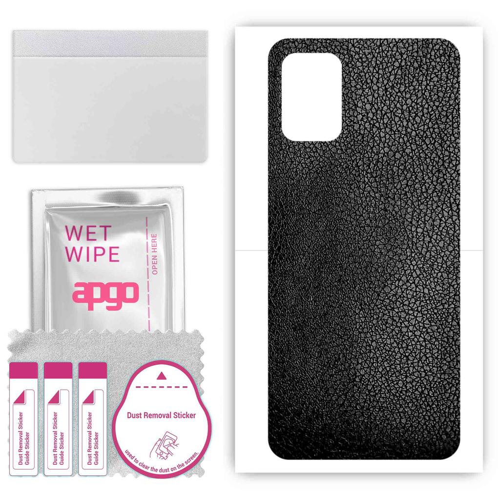 apgo Protective Skin Sticker for the back compatible with LG Q52, Wrap Film, Foil, Vinyl - Pattern Black Leather