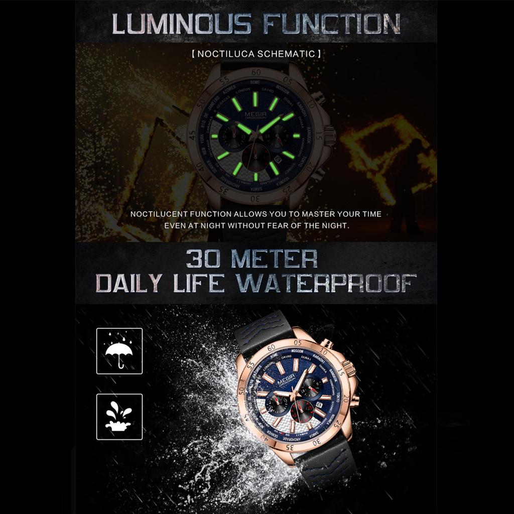 MEGIR Sports Watches for Men Luxury Quartz Clock Chronograph Leather Fashion Casual Wristwatch Military Watch Reloj Hombre 2103