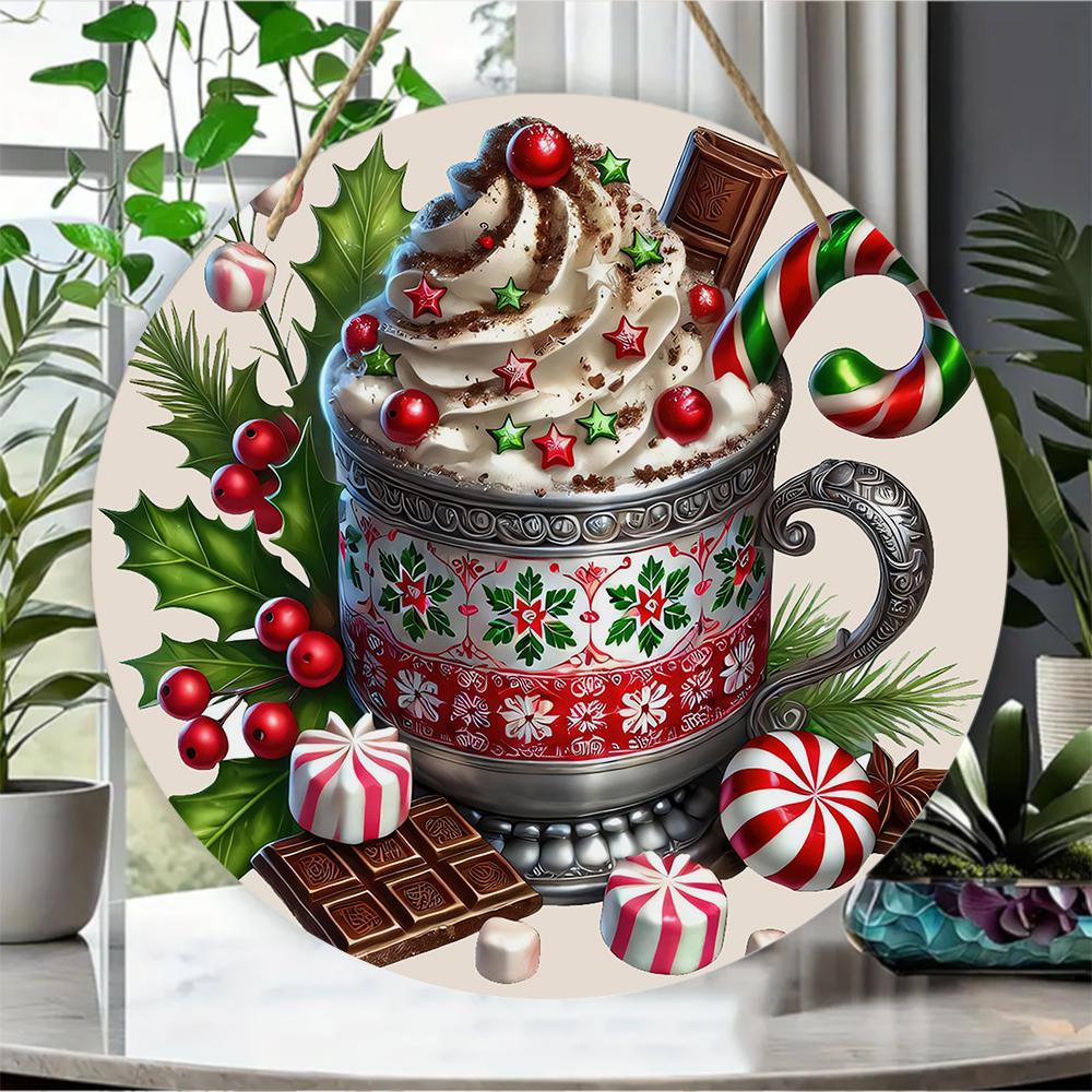 Festive hot cocoa theme holiday sign Round Wooden Hanging Plaque home wall decor vintage Christmas kitchen ornament party gift supplies