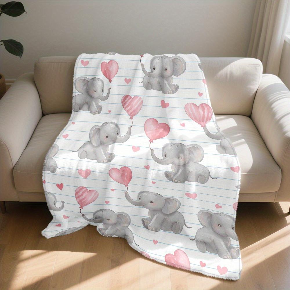 Cute Elephant Pink Balloon Hearts Throw Blanket - Whimsical Animal Pattern Cozy Soft Accent for Bed Sofa Office Travel
