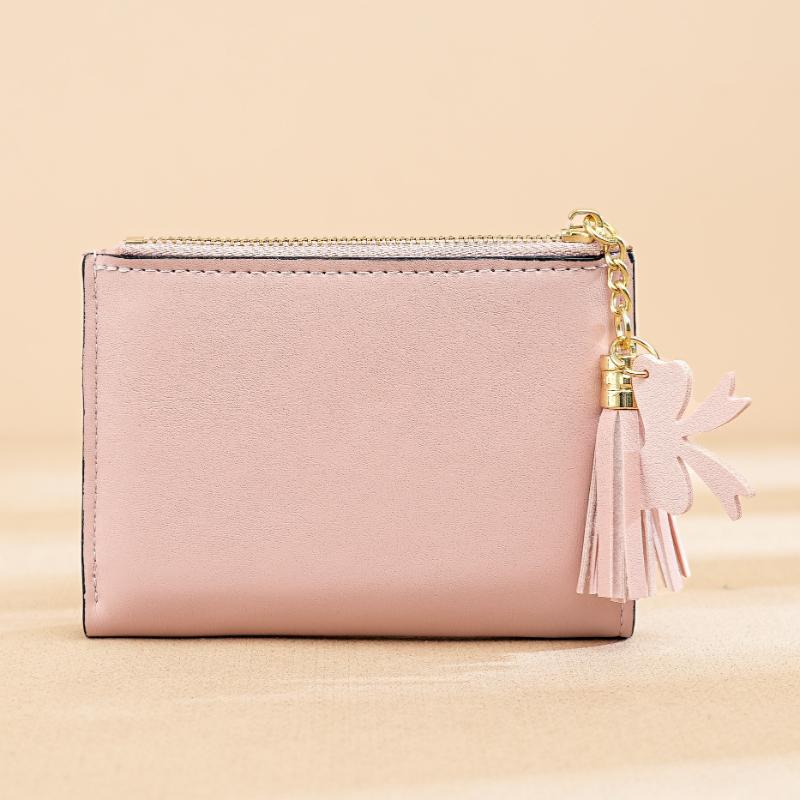 Women’s Cute Cat Pattern Short Wallet PU Leather Bifold Wallet Zipper Coin Purse Card Holder Tassel Mini Wallet for Girls and Ladies