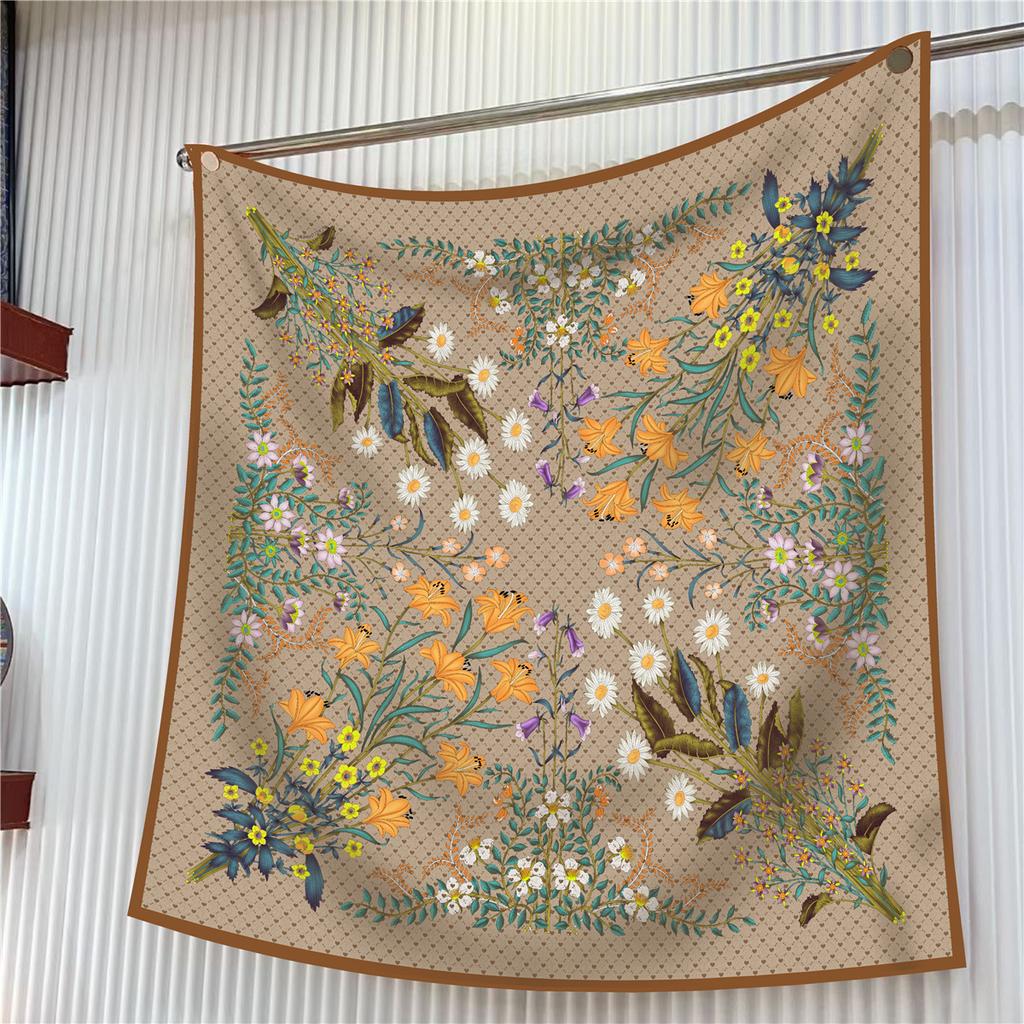 90CM Silk Scarf Women Trees Printed Square Scarves Head Echarpes Foulards Femme Wraps Beach Shawls Bandana Lady Hijabs