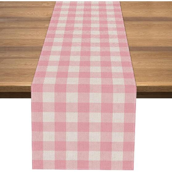 Nepnuser Linen Easter Pink and White Buffalo Check Plaid Table Runner Gingham Pink Farm Birthday Party Decorations Home Kichen Dining Room Decor 72