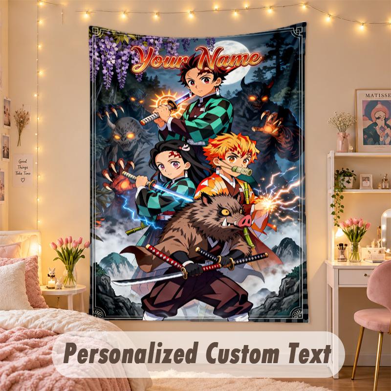 Custom Personalized Tapestry,Demon Slayer Print Custom Name Text Wall Art Hanging for Bedroom