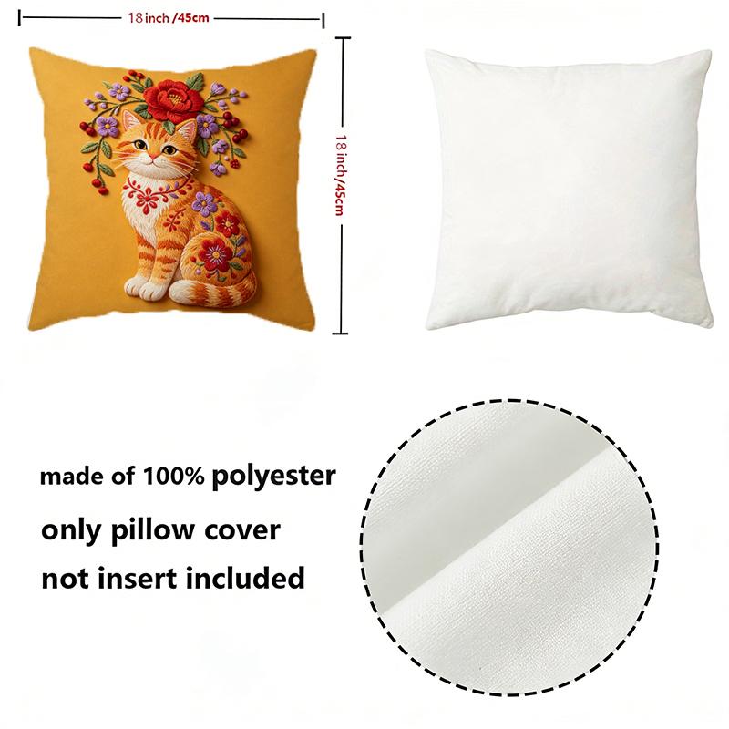 Vintage Embroidered Floral Orange Cat Throw Pillow Covers Pattern Cushion Cover Suitable For Sofa Bedroom Car Pillow Cover