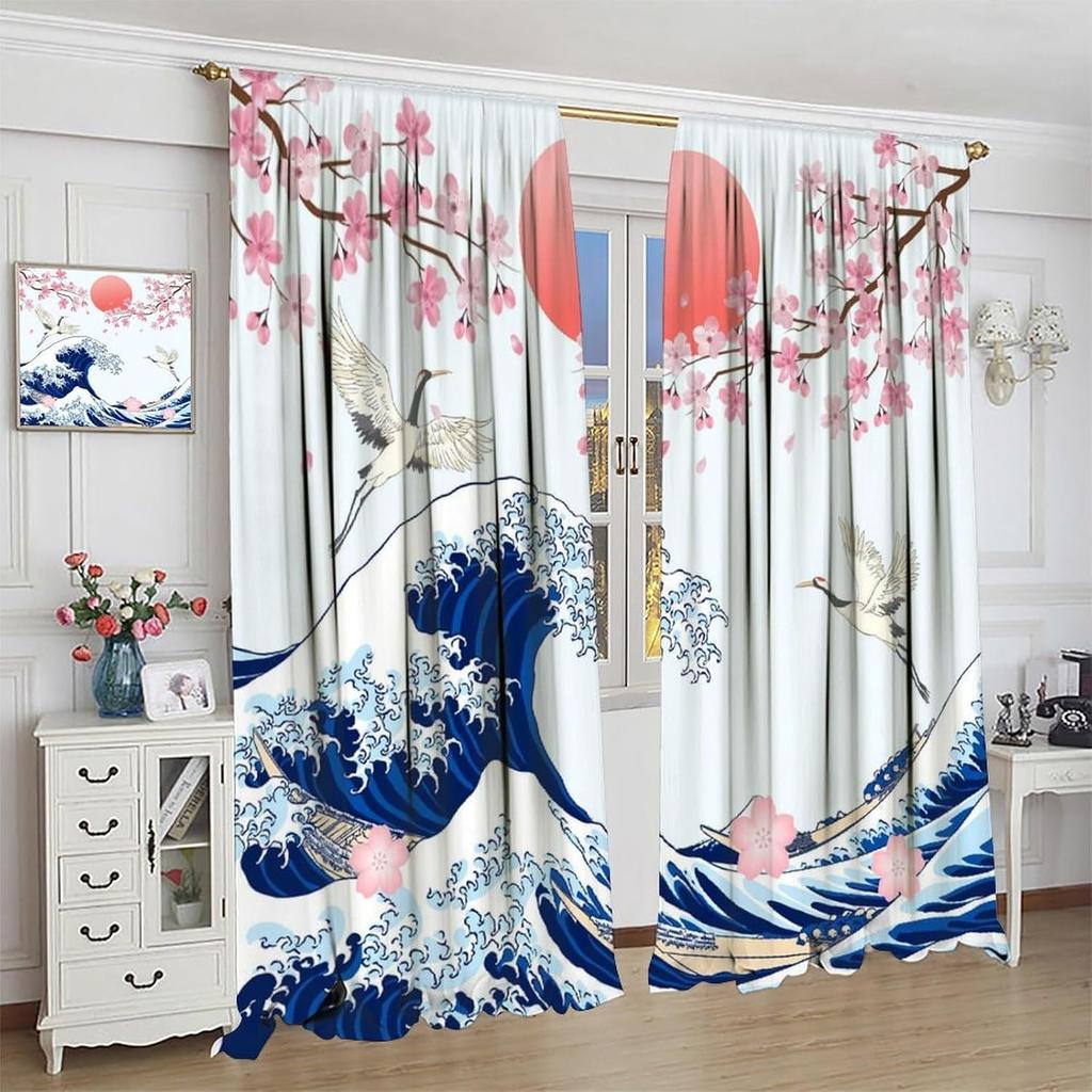 Japanese Style Blackout Curtain,Sea Wave Cherry Blossom Crane Ocean Bird Themed Watercolor Curta For Dining Room Cafe Living