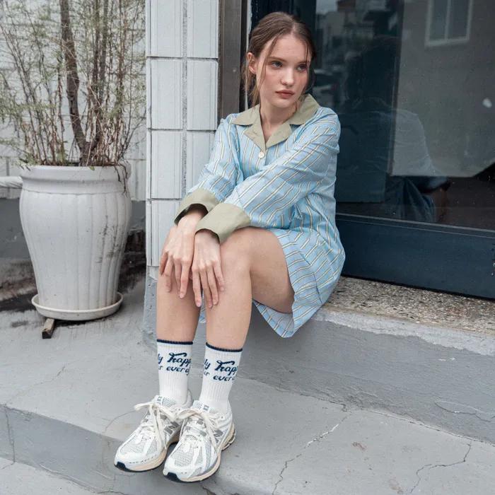 Happily crew socks WHITE&NAVY