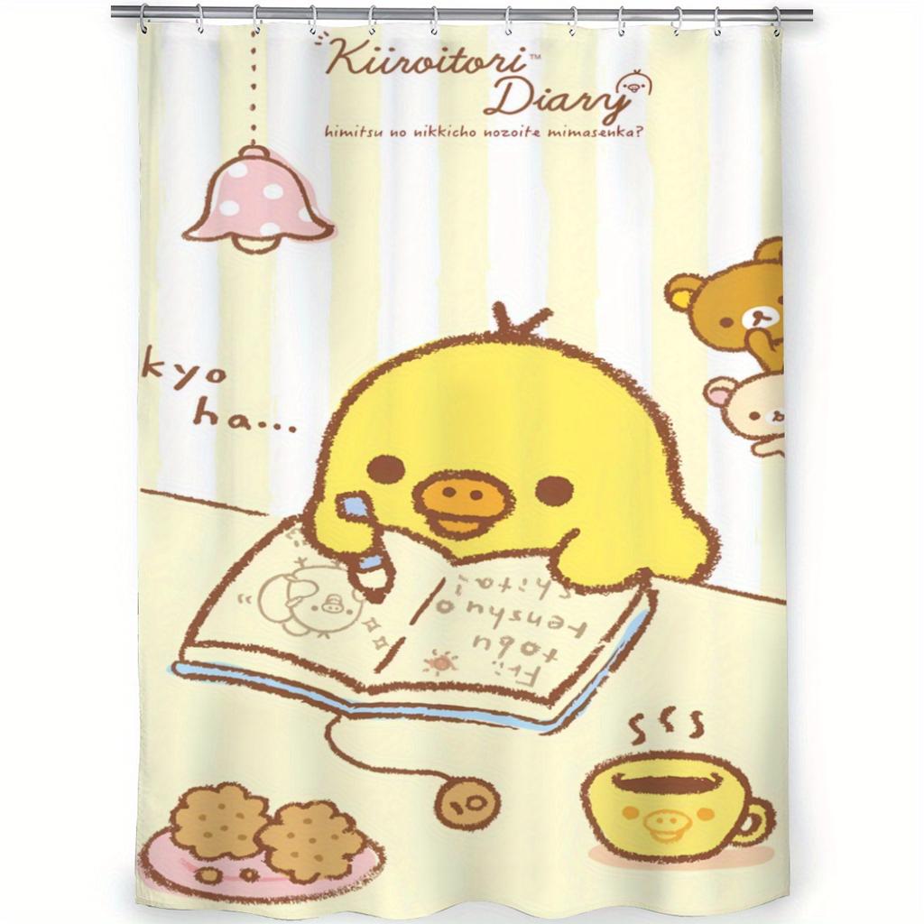 Cute Yellow Duck Cartoon Shower Curtain – Kawaii Animal Reading Art, Soft Pastel Design, Cozy Bathroom Decor, Includes Hook