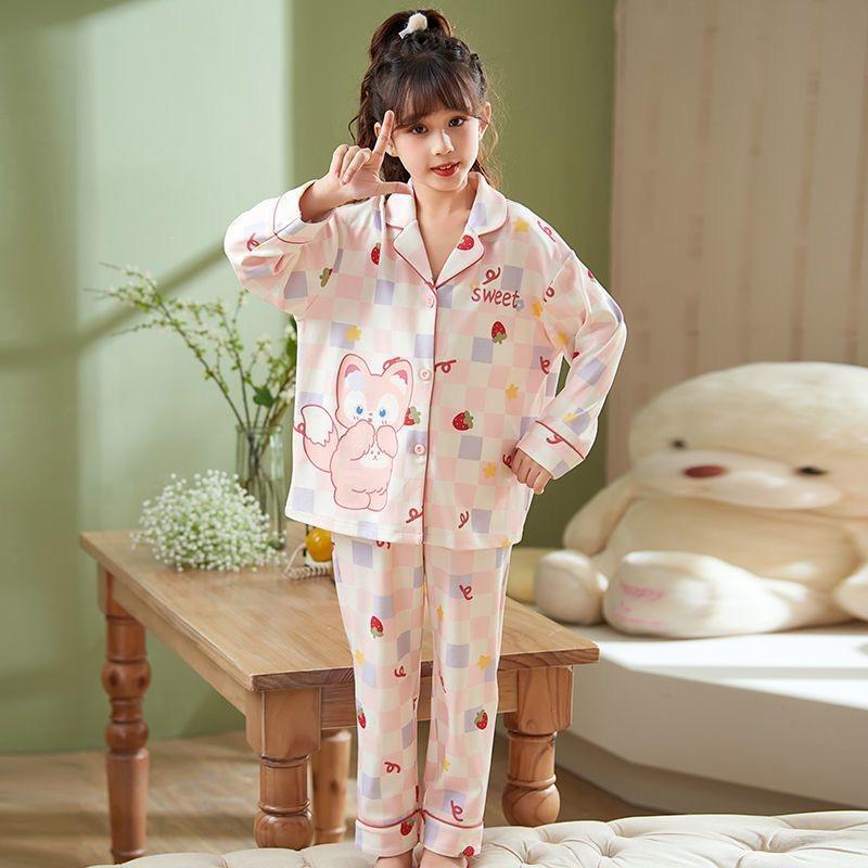 Autumn Long Sleeve Cartoon Pajamas Set for Girls - Cardigan Style, Wear Indoors or Out