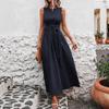 Women's Sleeveless Maxi Dress Crew Neck Tie Waist A Line Flowy Elegant Summer Long Dress