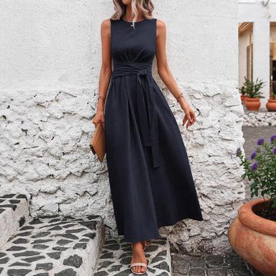 Women's Sleeveless Maxi Dress Crew Neck Tie Waist A Line Flowy Elegant Summer Long Dress