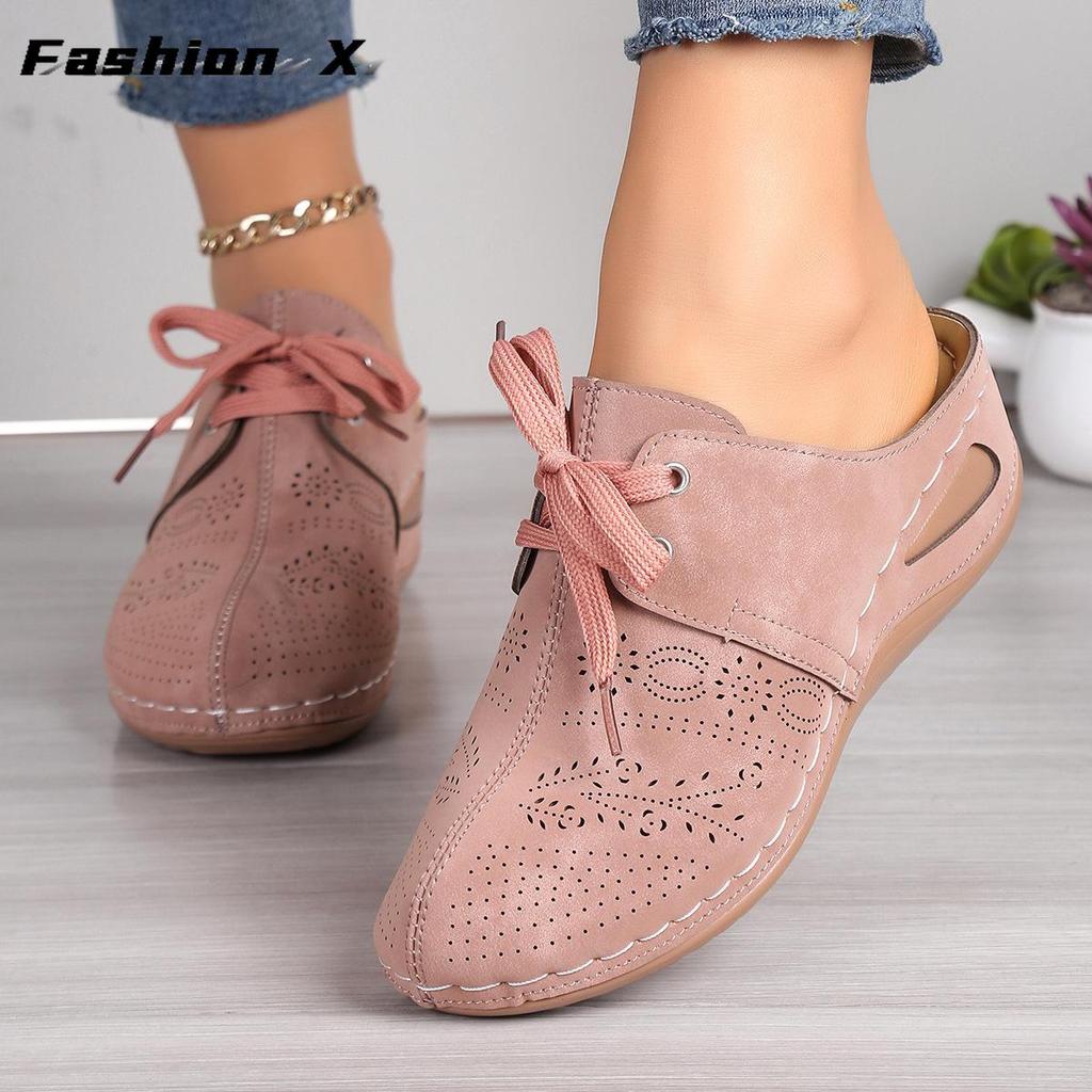 New Women's Wedge Heel Half Slippers Lace Up Pattern Hollow Headed Women's Slippers 43 Size Women's Shoes  Summer New Sandals