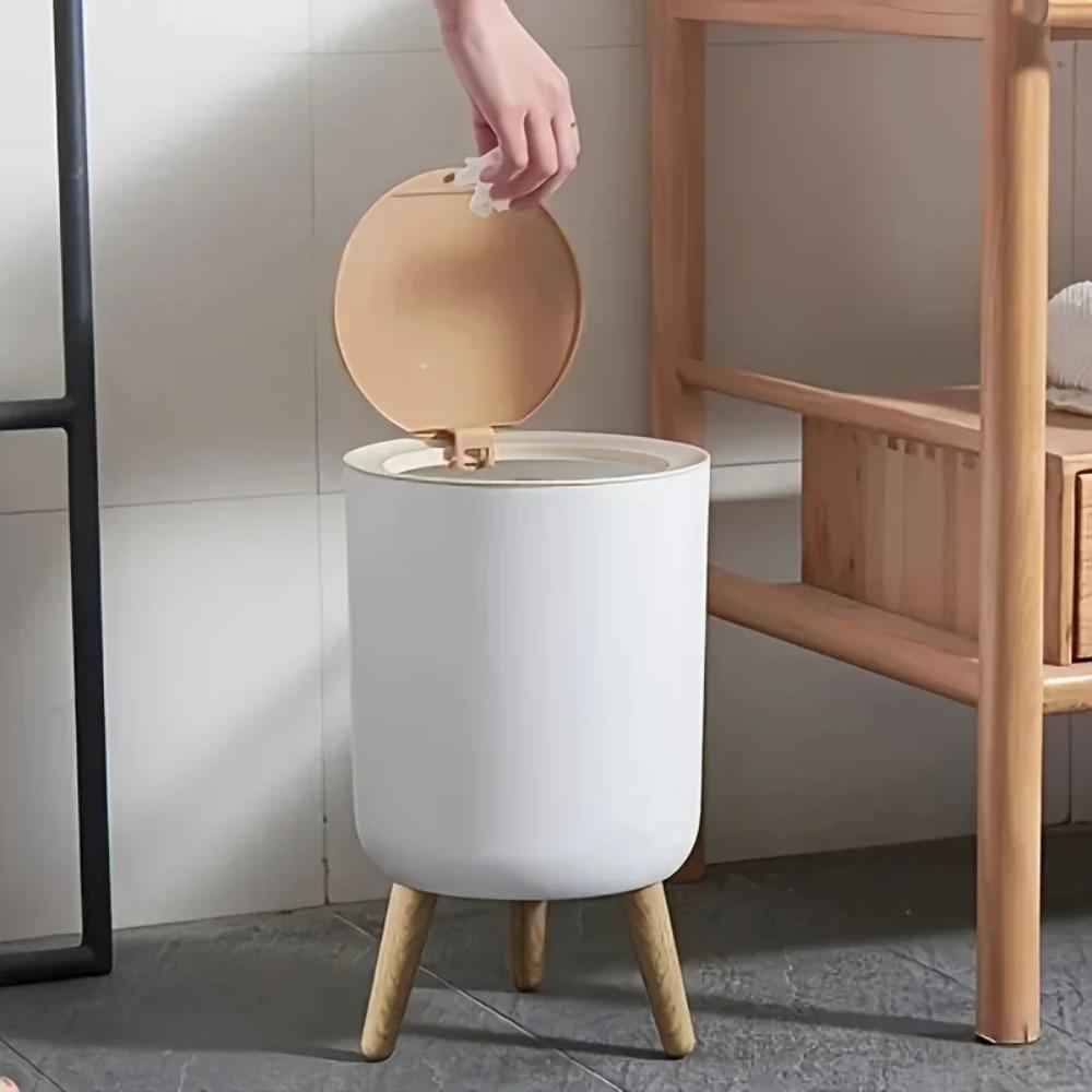 Durable Press Cover Waste Bin Round Shape White Color Paper Basket with Lid High Leg Trash Can Living Room