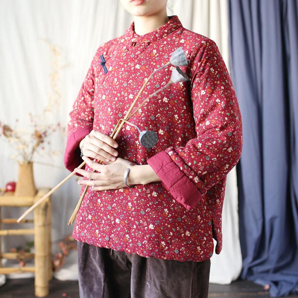 Johnature Women Vintage Print Floral Parkas Plus Chinese Style Coats Button Long Sleeve Stand Clothes Spring Parkas