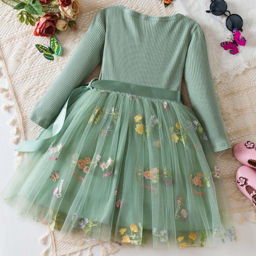 Girls Fashion Cute Long Sleeve Flower Embroidery Mesh Princess Dress Dresses