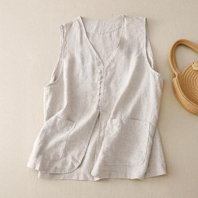 Gilet en Coton Lin pour Femmes Été Cardigans Sans Manches Décontracté Boutons Veste Courte Gilet avec Poches