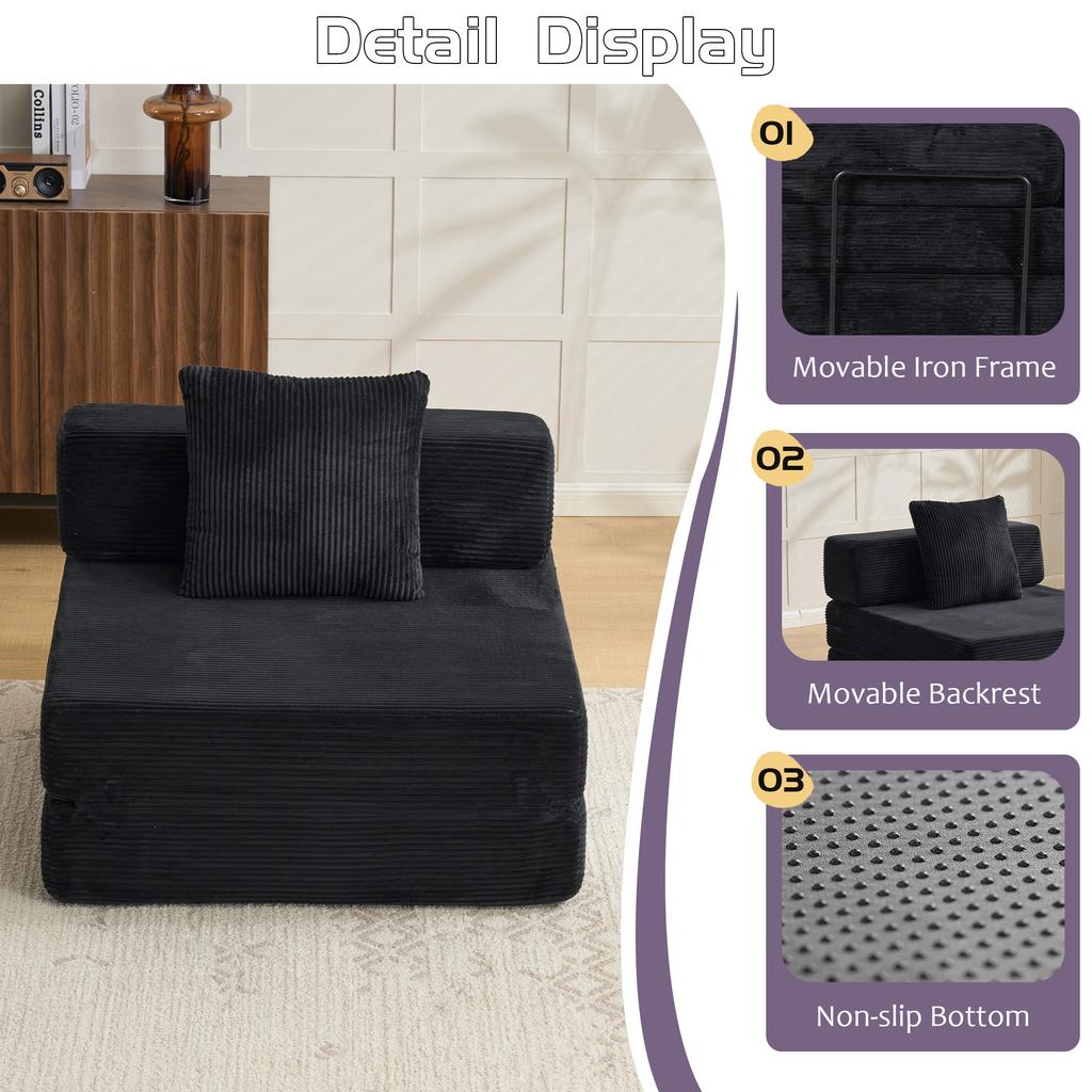 Floor Couch,Compression Sofa,Convertible Sofa Bed-with Pillow Back Support Armrest,Corduroy Fabric,for Living Room Bedroom,Black
