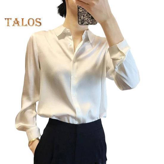 

Женская рубашка с лацканами, длинный рукав, блестящая ткань, официальная рубашка, застежка на пуговицы, однотонная гладкая деловая рубашка для свиданий L слоновая кость