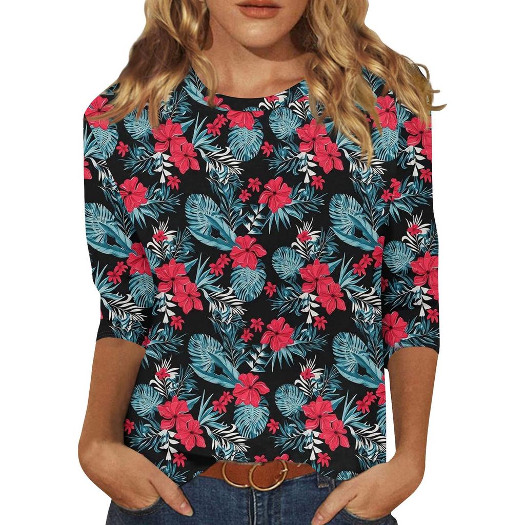 3/4 Sleeve Shirts For Women Cute Print Graphic Tees Blouses Casual Plus Size Basic Tops Pullover