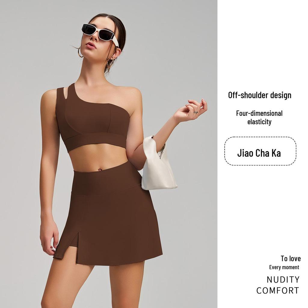 New Style Nude Feel One-Shoulder Yoga Set with High-Waisted Breathable Skirt for Tennis & Running