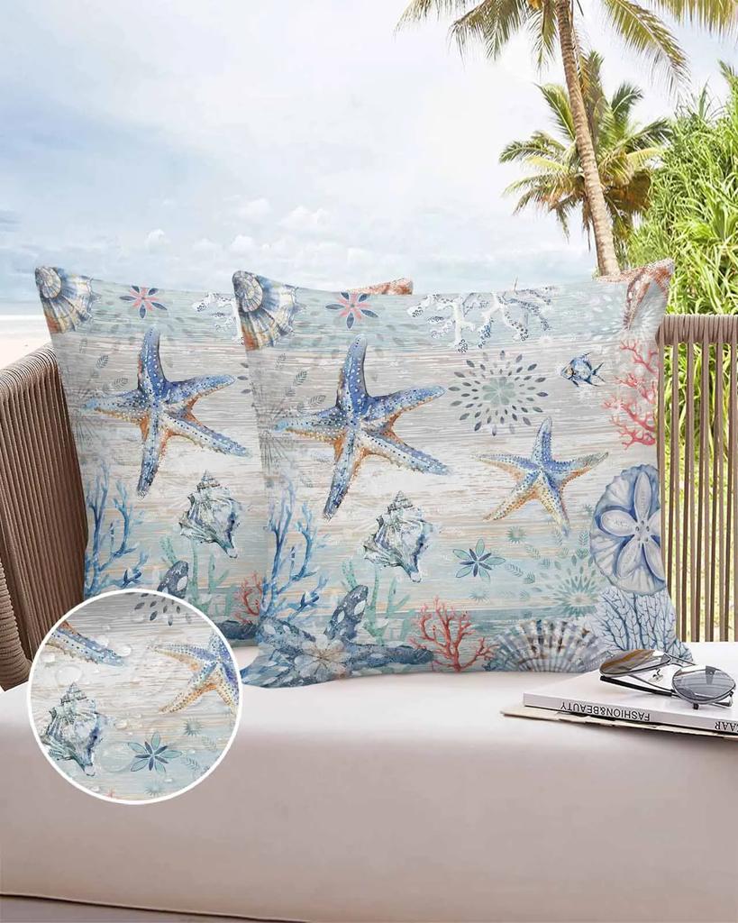Marine Coral Shell Starfish 2/4PCS Outdoor Garden Chair Waterproof Cushion Cover Modern Home Decor 45/50/60cm Pillow Case