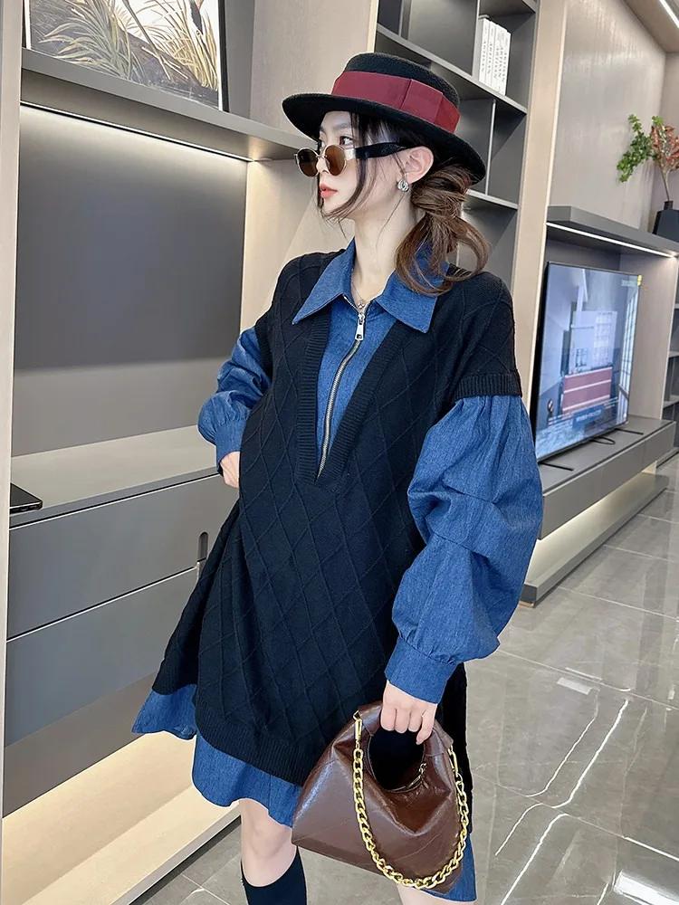 Xitao Strick-Patchwork-Reißverschlusskleid LJ1061