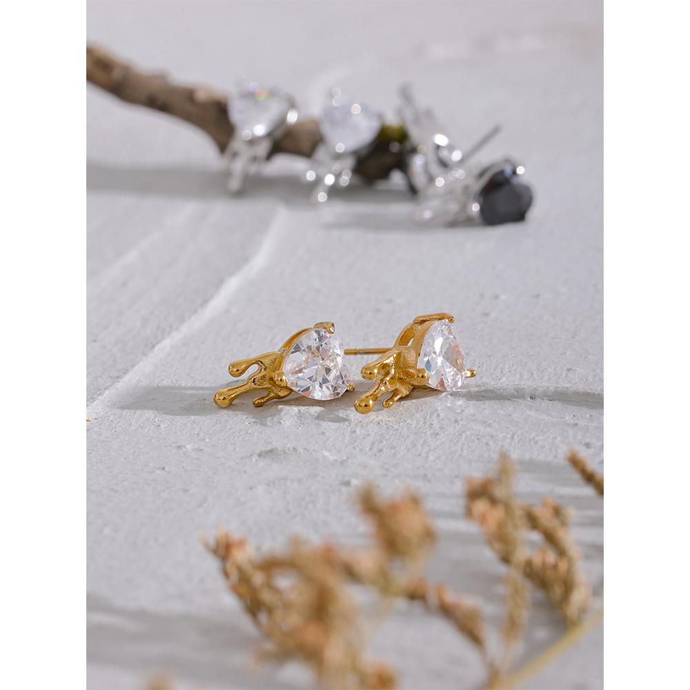 Yhpup Delicate Bling Cubic Zirconia Stainless Steel Heart Creative Stud Earrings Fashion Cast Jewelry for Women Basic Gift New