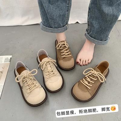 Fashion 2025 Spring and Autumn New Fashion Versatile Round Toe Shoes Women's Soft Sole Lace-Up Casual Simple Splicing Retro Flat Shoes