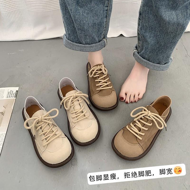 Fashion 2025 Spring and Autumn New Fashion Versatile Round Toe Shoes Women's Soft Sole Lace-Up Casual Simple Splicing Retro Flat Shoes