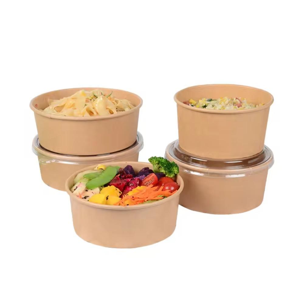 50pcs Kraft Paper Fast Food Package Box Round Rice Bowl Portable Disposable Salad Bowl  Soup