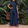 Women's Two-piece Asymmetrical Hem Round Neck Short-sleeved Tops Wide-leg Pants Summer Casual Loose Solid Color Suit