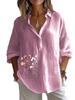 Plus Size Women Lapel Neck Cotton Linen 3/4 Sleeve Shirt Spring&Autumn Casual Floral Print Blouses