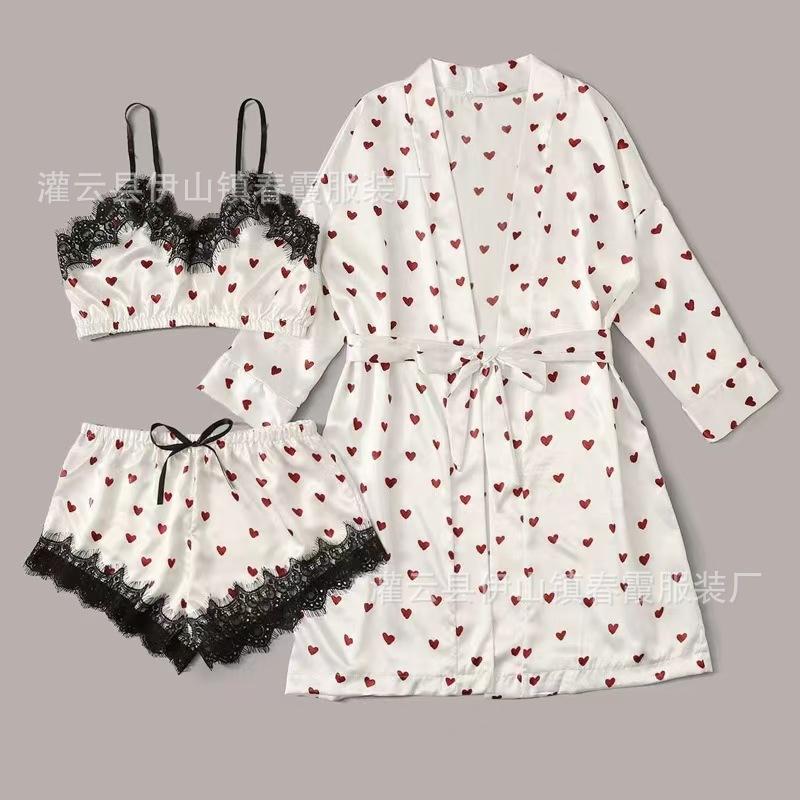 2026 new summer sexy pajamas satin three-piece loungewear love print women