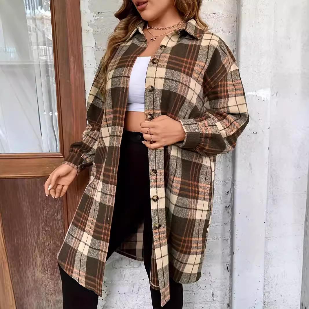 

Осенняя рубашка в клетку с длинными рукавами и лацканами, топы средней длины, женская рубашка, женские рубашки больших размеров 4XL разноцветный