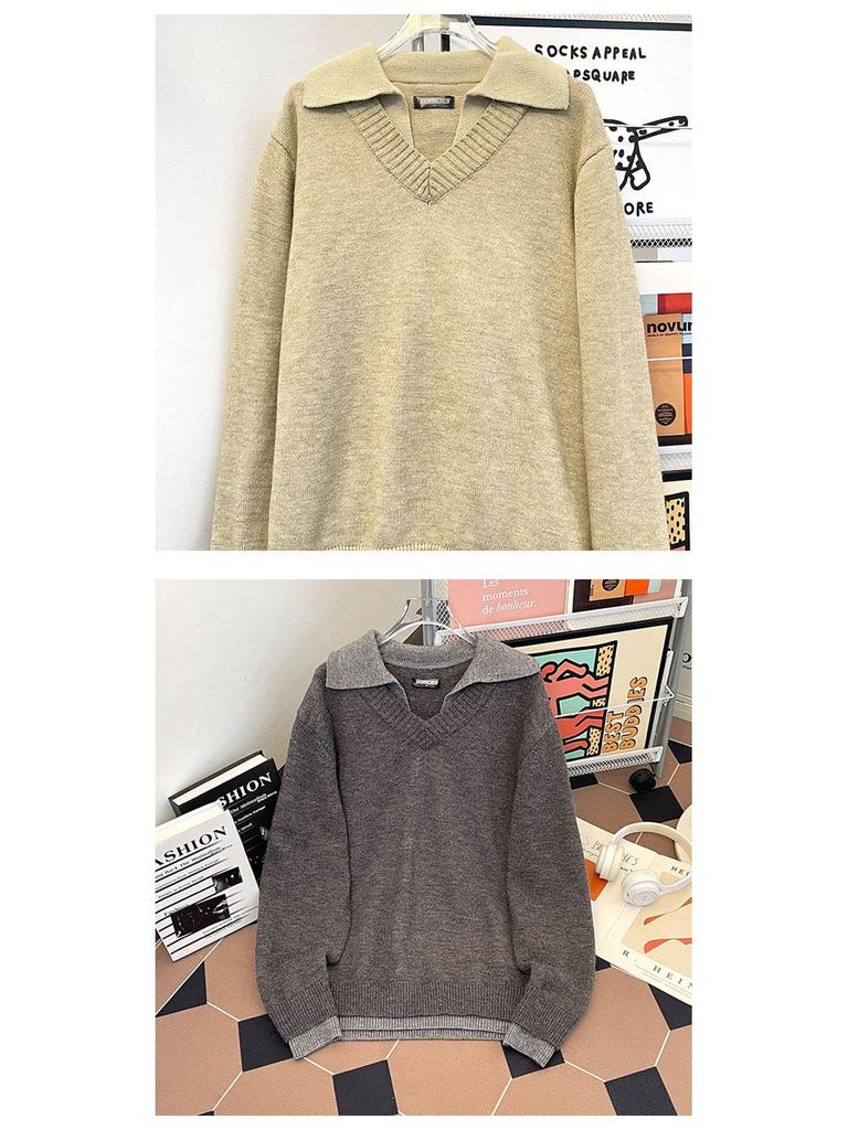 Men's American Retro V-Neck Two-Piece Sweater: Winter Turn-Down Collar Old Money Style Knit for Couples