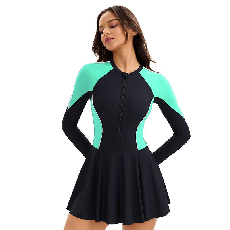 Conservative One-Piece Swimsuit Women's Color Matching Long Sleeve Sunscreen Surfing Suit Conservative Skirt Swimming Suit