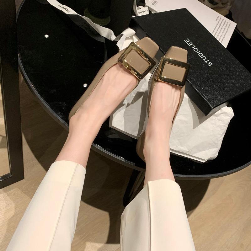 Upgraded cowhide version~ Square buckle single shoes femininity square head thick heel patent leather commuting flats women