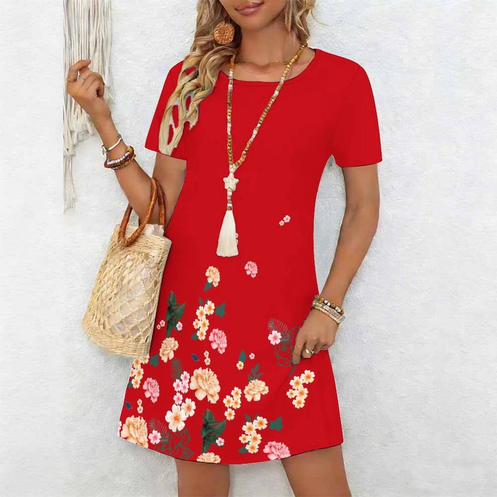 Dammode Vacker Elegant Blomma Fjäril Tryck Sommar Vår Kortärmad Rund Halsringning Vardagsklänningar