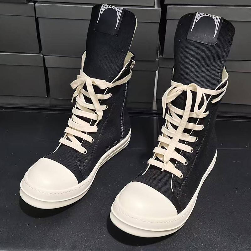 

Luxury Brand Couple Shoes Classic Black Canvas High Top Casual Women Sneaker Round Toe Lace Up Zippers Flat Heel Man Ankle Boots 43