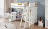 Bunk Bed, with Fall Protection Rail, with Table and Wardrobe, Ample Storage Space, with Four-Step Ladder, Pine+MDF+Plywood, White+Natural, 90x200cm