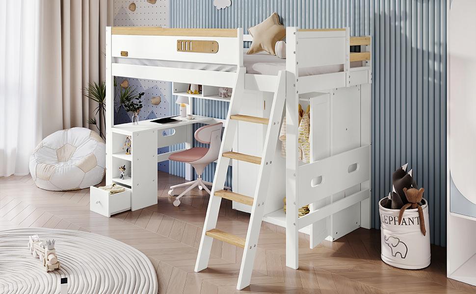 Bunk Bed, with Fall Protection Rail, with Table and Wardrobe, Ample Storage Space, with Four-Step Ladder, Pine+MDF+Plywood, White+Natural, 90x200cm