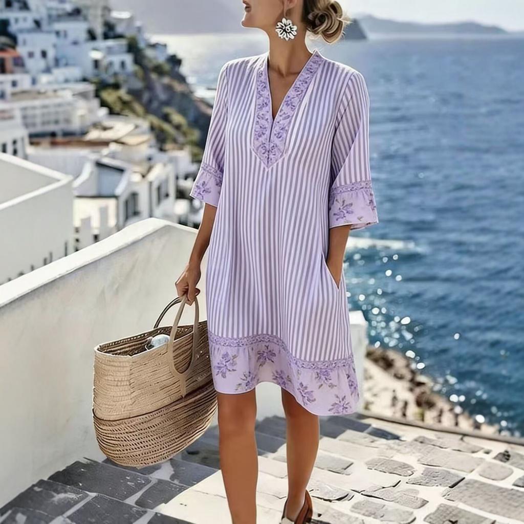 Summer new European and American style V-neck striped loose beach dress casual short sleeve sun protection seaside vacation