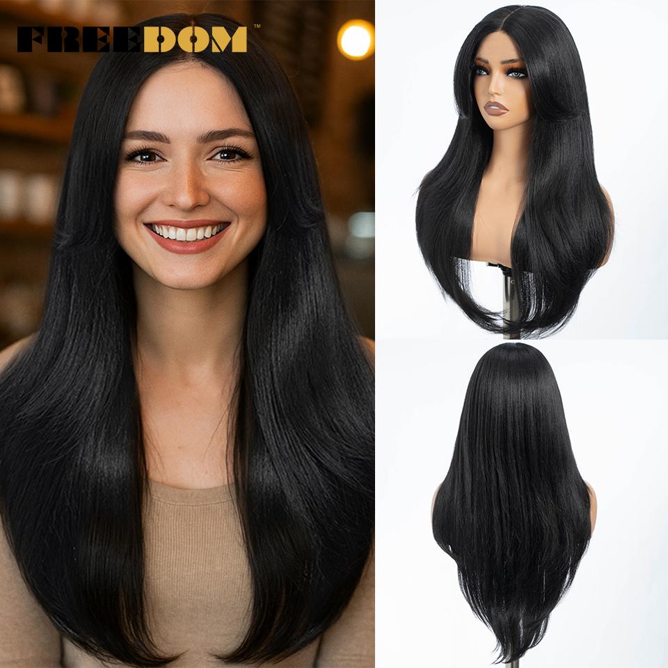 

FREEDOM Long Straight Synthetic Lace Front Wigs For Women 6x4 Pre Plucked Layered Wig With Bangs Ombre Wear And Go Glueless Wig (as the picture,26inches)