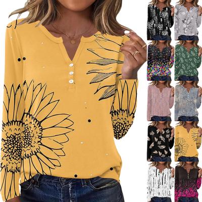 T-shirt Casual Feminina da Moda, Estampa Floral Vintage, Gola Redonda, Top de Manga Comprida.