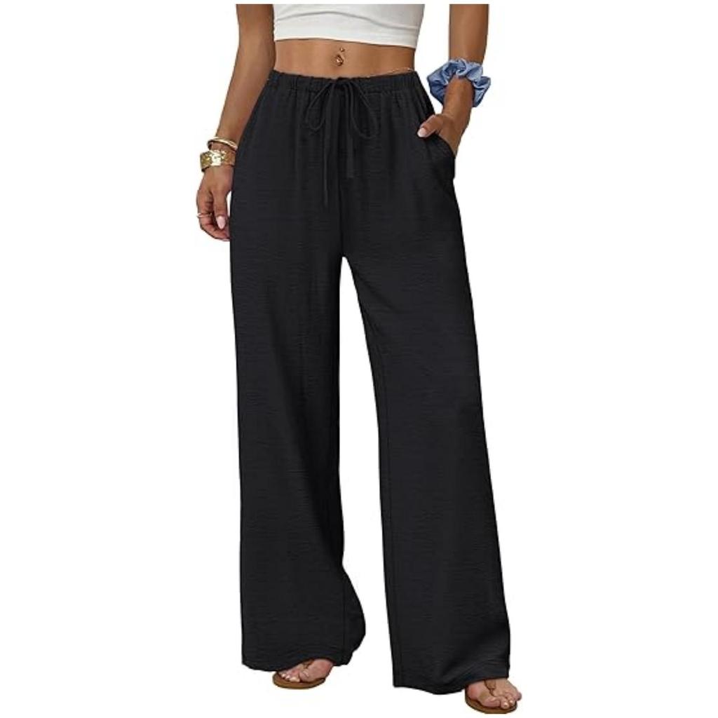 European & American Women's Casual Solid Wide-Leg Beach Pants with Elastic Waist & Pockets