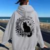 Ladies Spring Autumn Casual Hooded Long Sleeve Big Pocket Flower Moon Cute Cat Printed Pullover Hoodies Sweatshirt Top